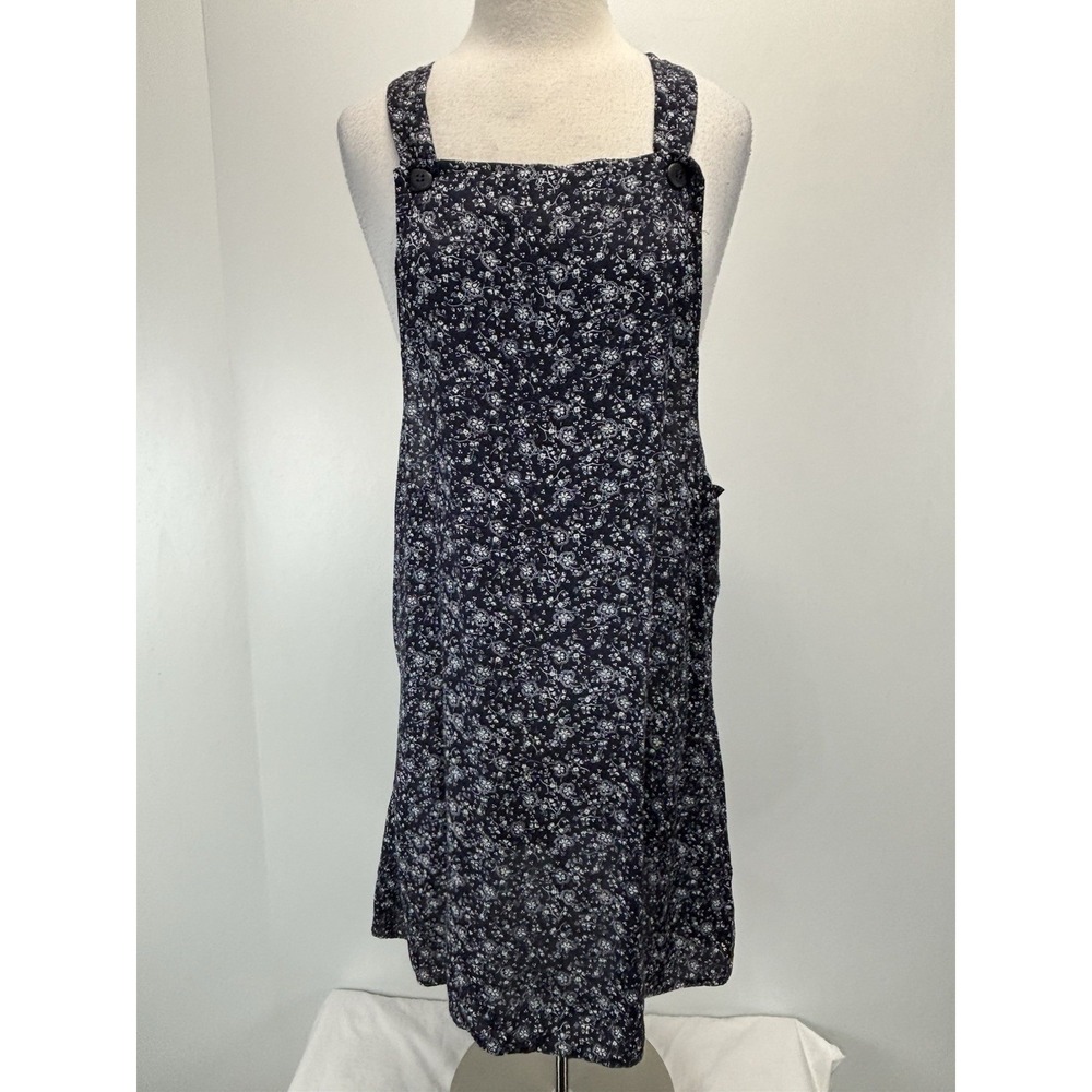 Vtg Notations Ditsy Floral Overall Dress Sz Medium Petite Navy Grunge 90s Y2K US